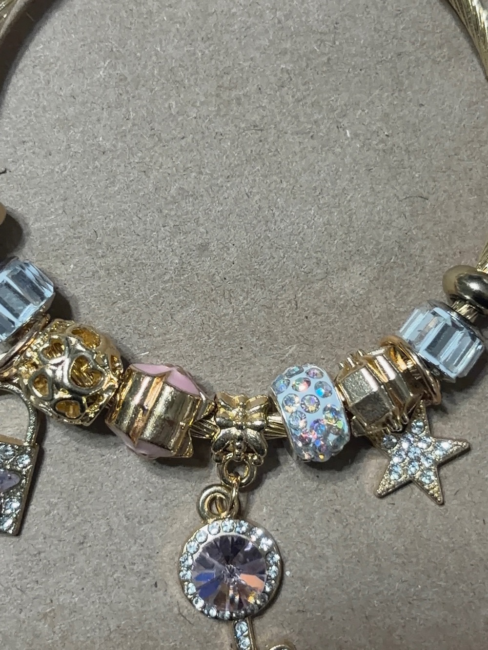 PanGold-Tone Charm Bracelet with Pink and Iridescent Accents